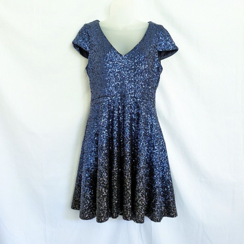 Badgley Mischka Belle Womens Size 6 Blue Sequin V-Neck Knee Length Dress Party